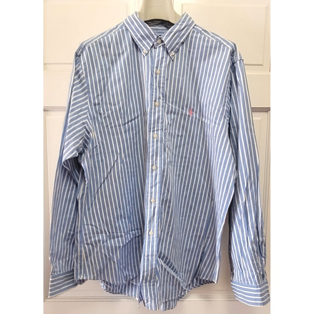 Ralph Lauren Men's Pink Pony Cotton Poplin Button Down Shirt Blue Stripe - 17 XL